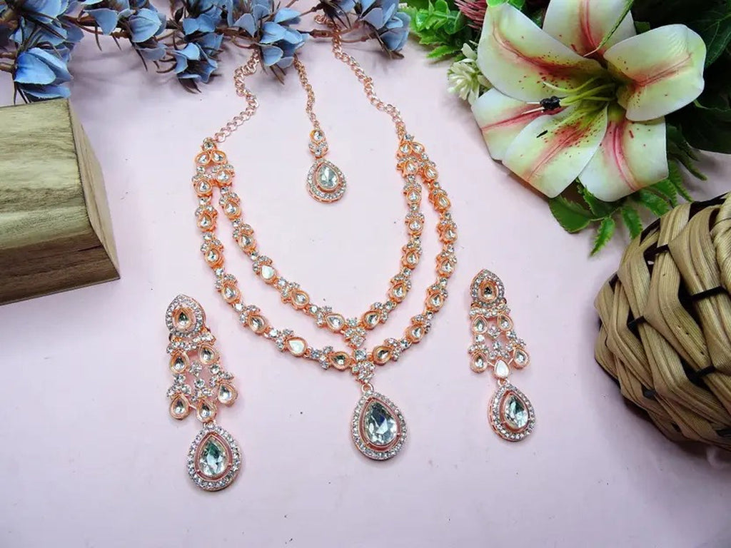 Jewel City Teardrop Bridal Necklace Set with Earrings & Maang Tikka - Ethnic Wedding Jewelry for Brides & Parties
