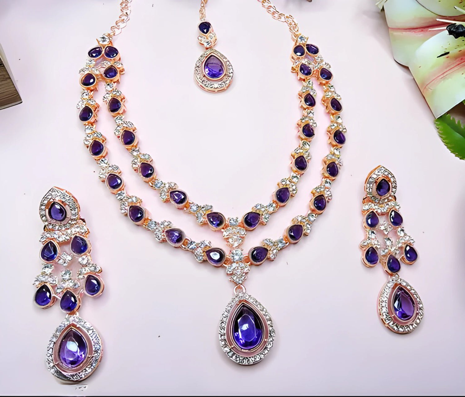 Jewel City Teardrop Bridal Necklace Set with Earrings & Maang Tikka - Ethnic Wedding Jewelry for Brides & Parties