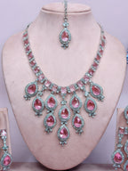 Jewel City Stunning Pink Crystal Bridal Necklace Set with Earrings & Maang Tikka Teardrop Statement Jewelry