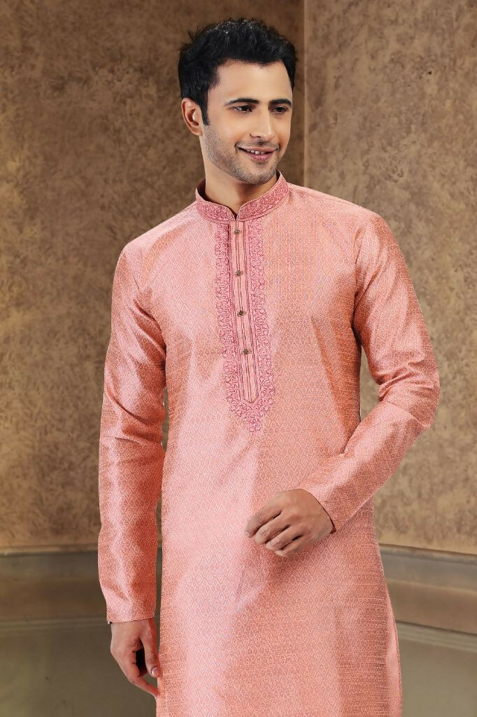 Raivat Ethnic Jacquard Banarasi Silk Thread Work Kurta Pajama In Dark Pink Colour - Distacart