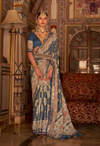 Navy Blue P V Silk Digital Print, Zari Work Printed Saree - Rewaa Parampara