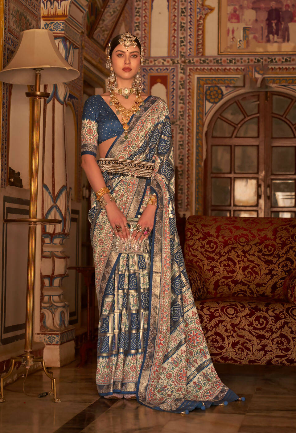Navy Blue P V Silk Digital Print, Zari Work Printed Saree - Rewaa Parampara
