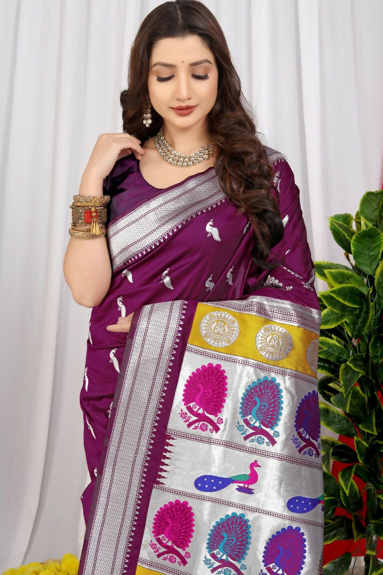 Jyoti Fashion Women's Wine Paithani Silk Zari Woven Saree with Blouse