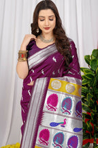 Jyoti Fashion Women's Wine Paithani Silk Zari Woven Saree with Blouse