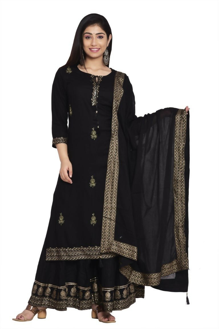 Alvano Women's Gold Zari Print Kurti with Palazzo and Dupatta set Rayon