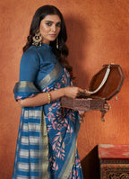Blue Rangkat and Crepe Silk Floral Saree With Unstitched Blouse Piece - Mohmanthan Royal Saachi