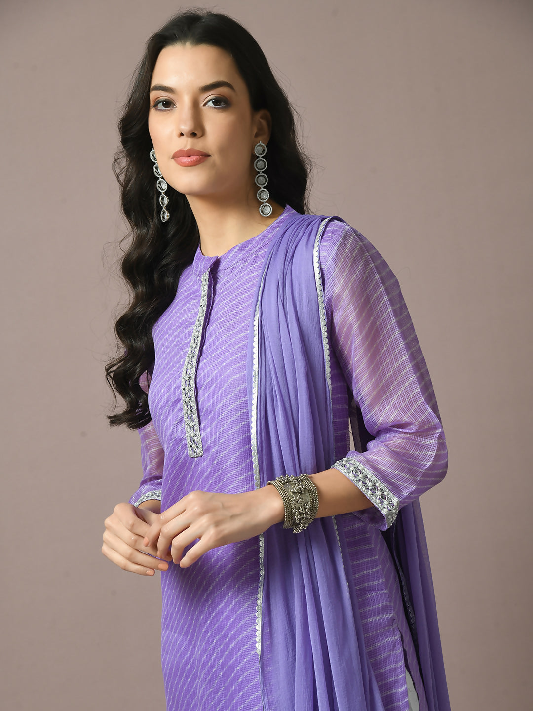 Myshka Women's Lavender Printed Kota Straight Party Kurta Set With Dupatta