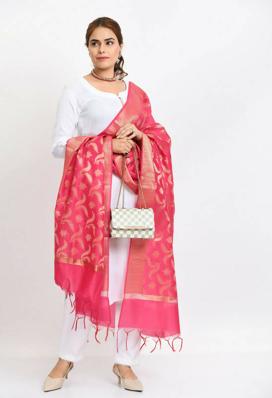 Mominos Fashion Moeza Women's Banarsi Silk Floral Woven Design Pink Dupatta - Distacart
