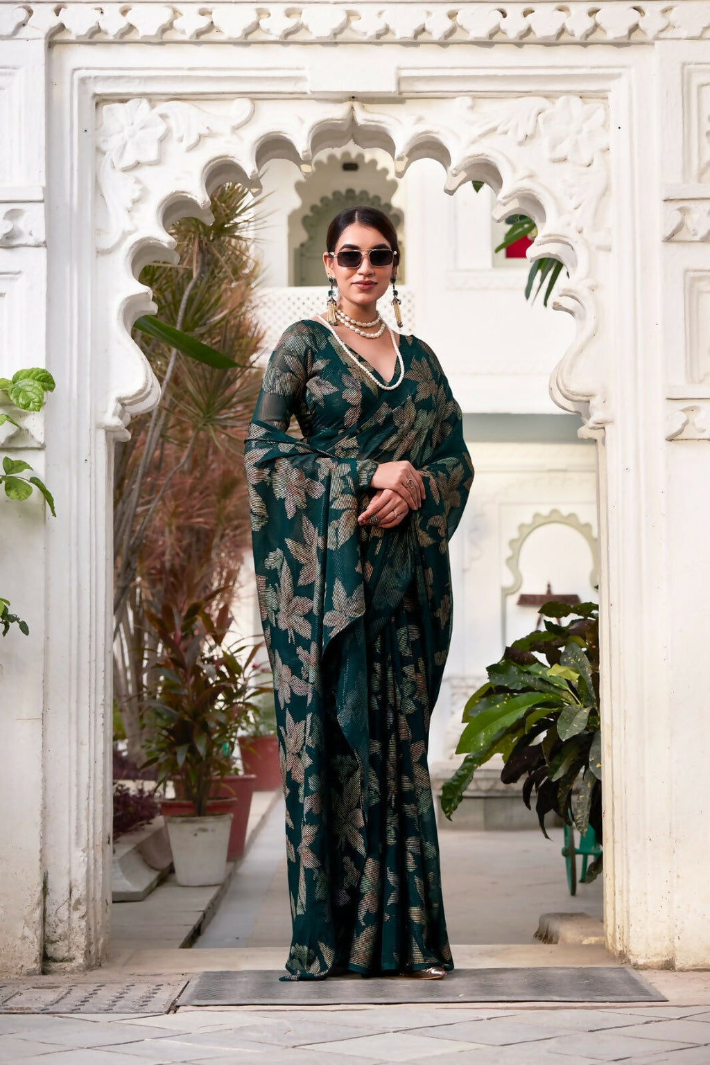 Vastranavya Bottle Green Lurex Brasso Floral Printed Saree with Unstitched Blouse - Distacart