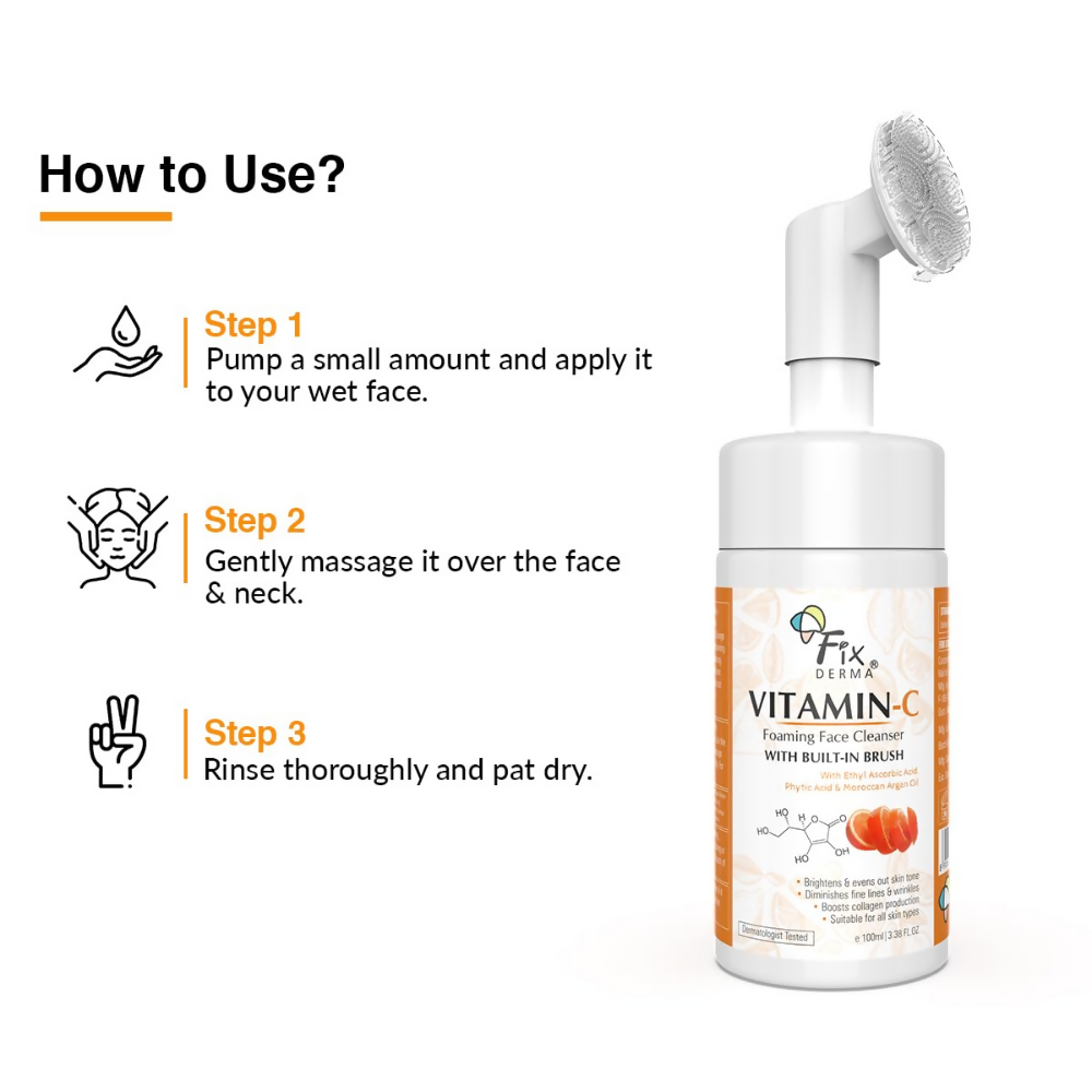 Fixderma 2% Vitamin C Face Wash, Foaming Face Cleanser with Brush