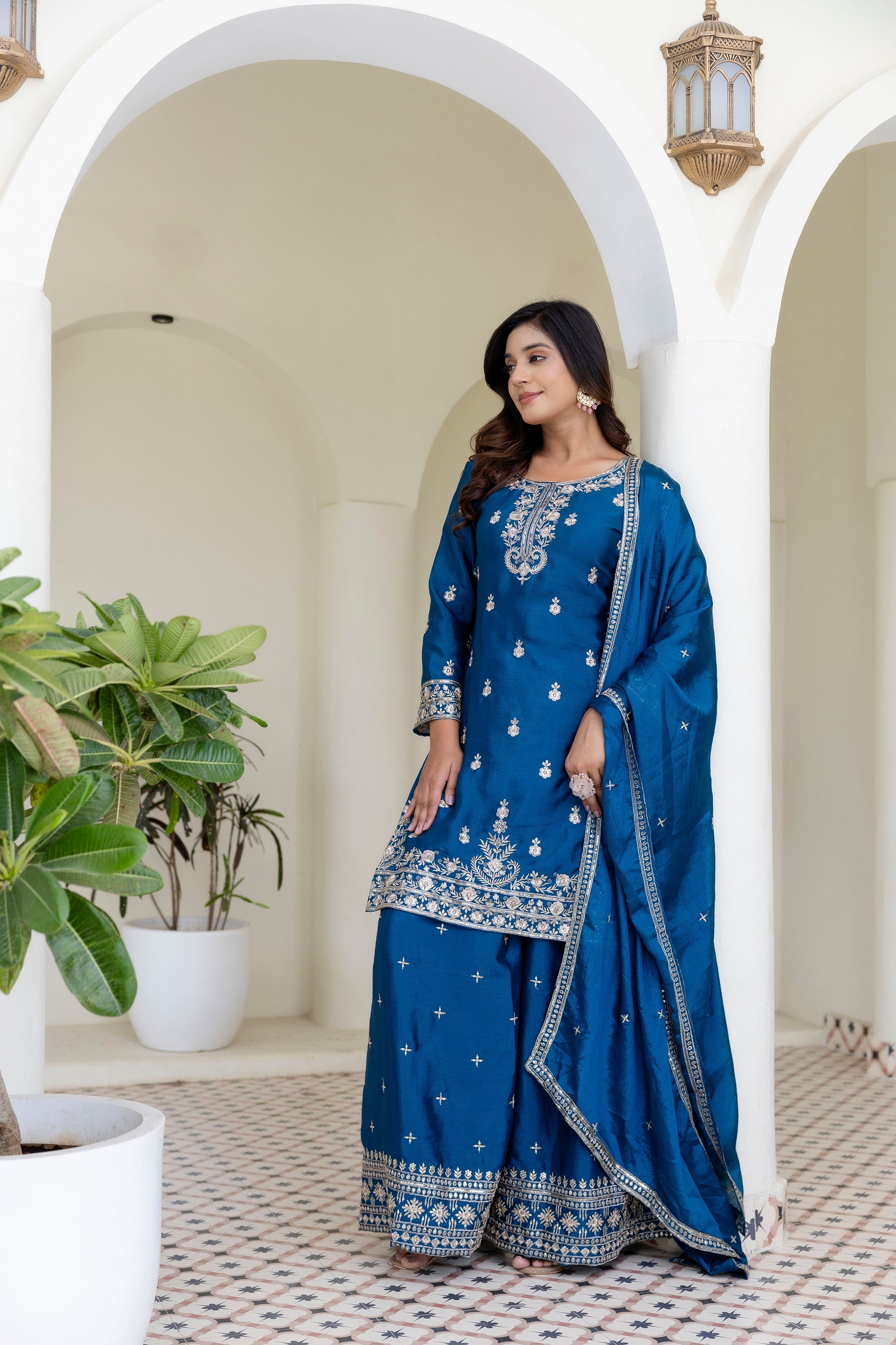 Lehenga Mart Designer Chinon Ready to wear Kurta Palazzo Dupatta for Women - Blue