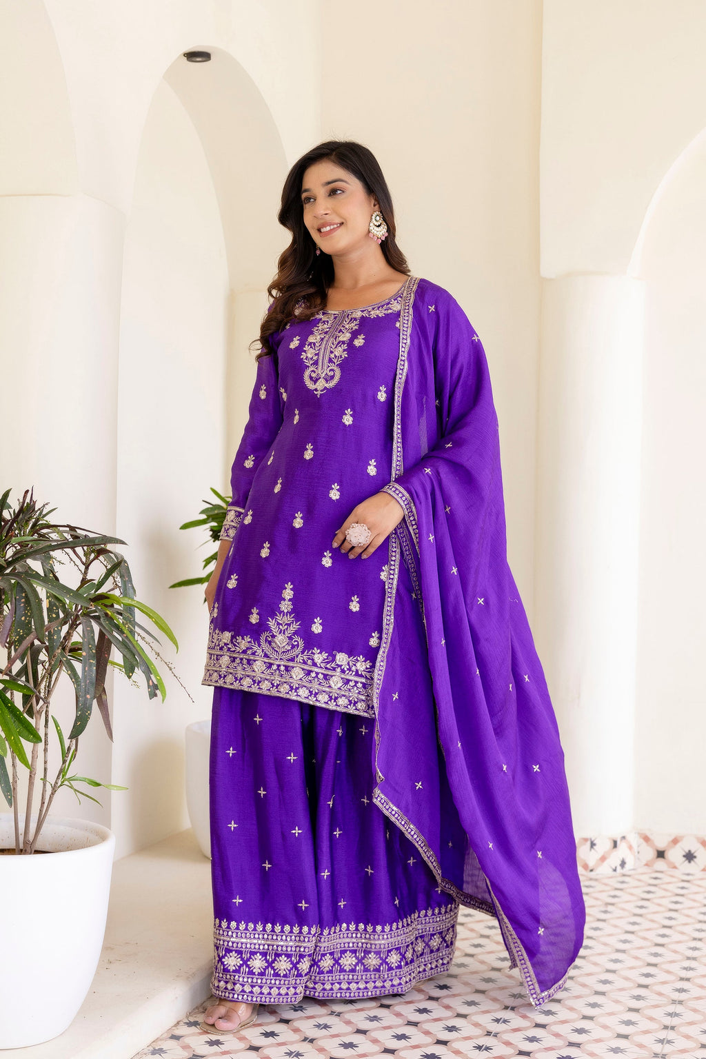 Lehenga Mart Designer Chinon Ready to wear Kurta Palazzo Dupatta for Women - Purple