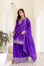 Lehenga Mart Designer Chinon Ready to wear Kurta Palazzo Dupatta for Women - Purple