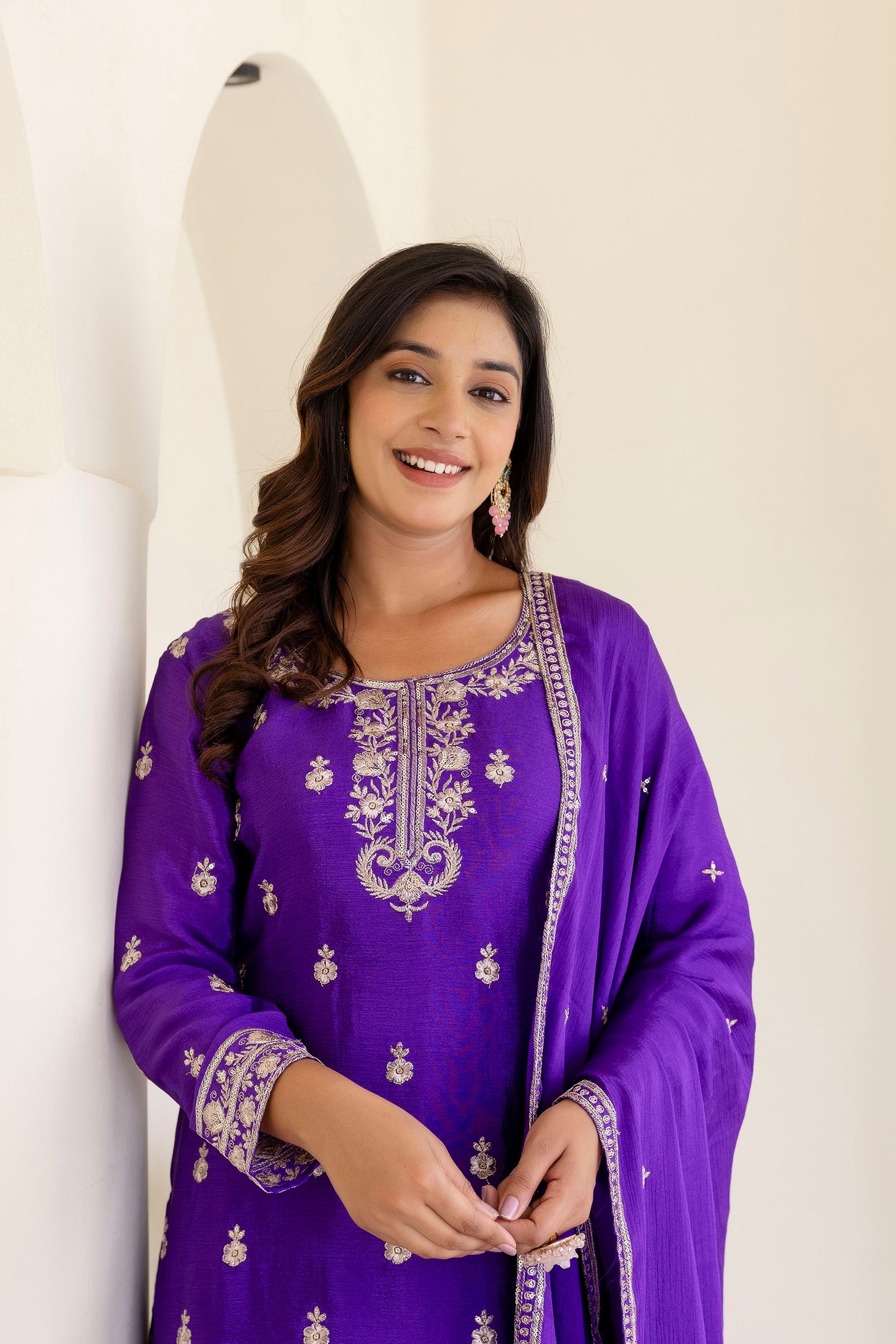 Lehenga Mart Designer Chinon Ready to wear Kurta Palazzo Dupatta for Women - Purple