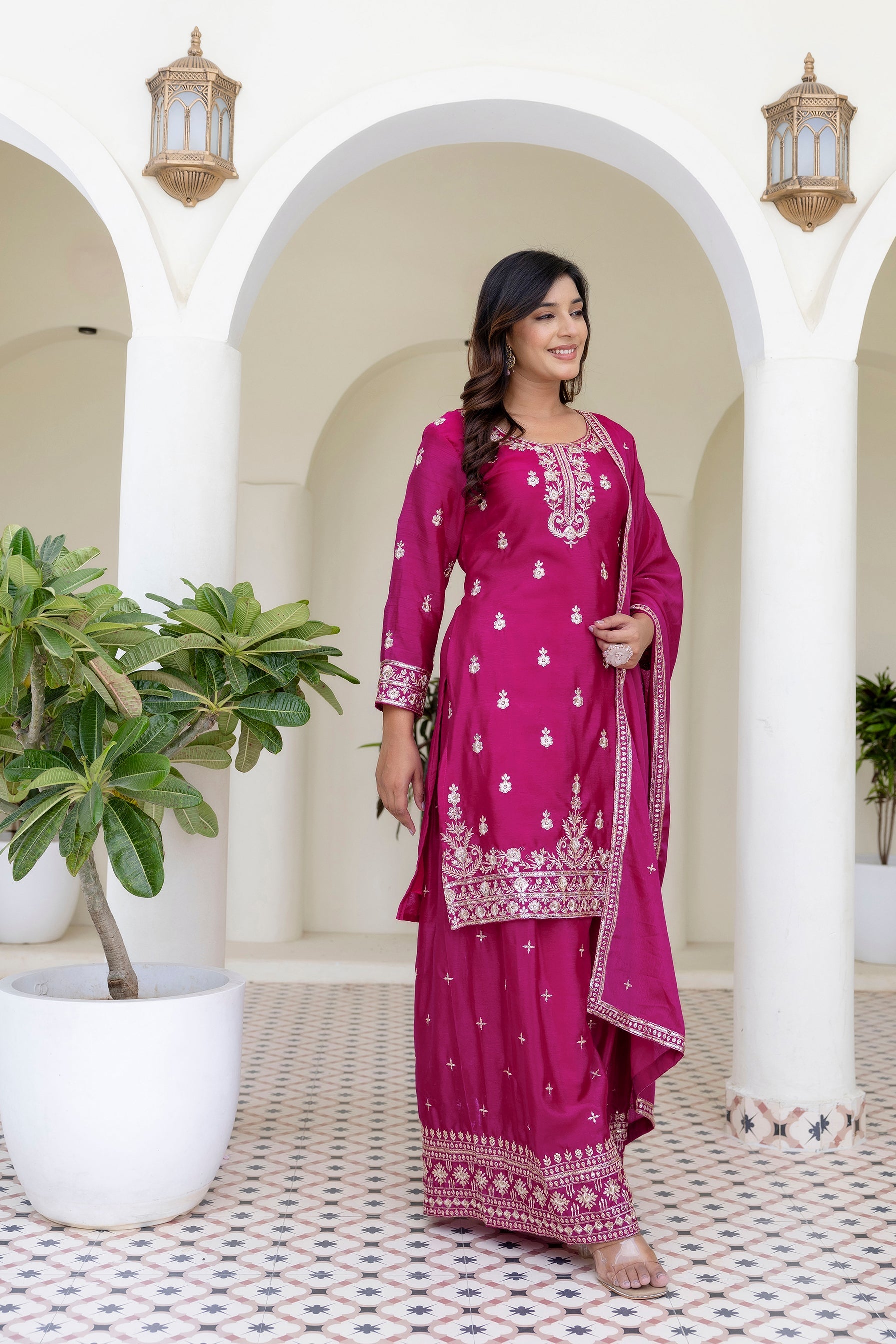 Lehenga Mart Designer Chinon Ready to wear Kurta Palazzo Dupatta for Women - Pink
