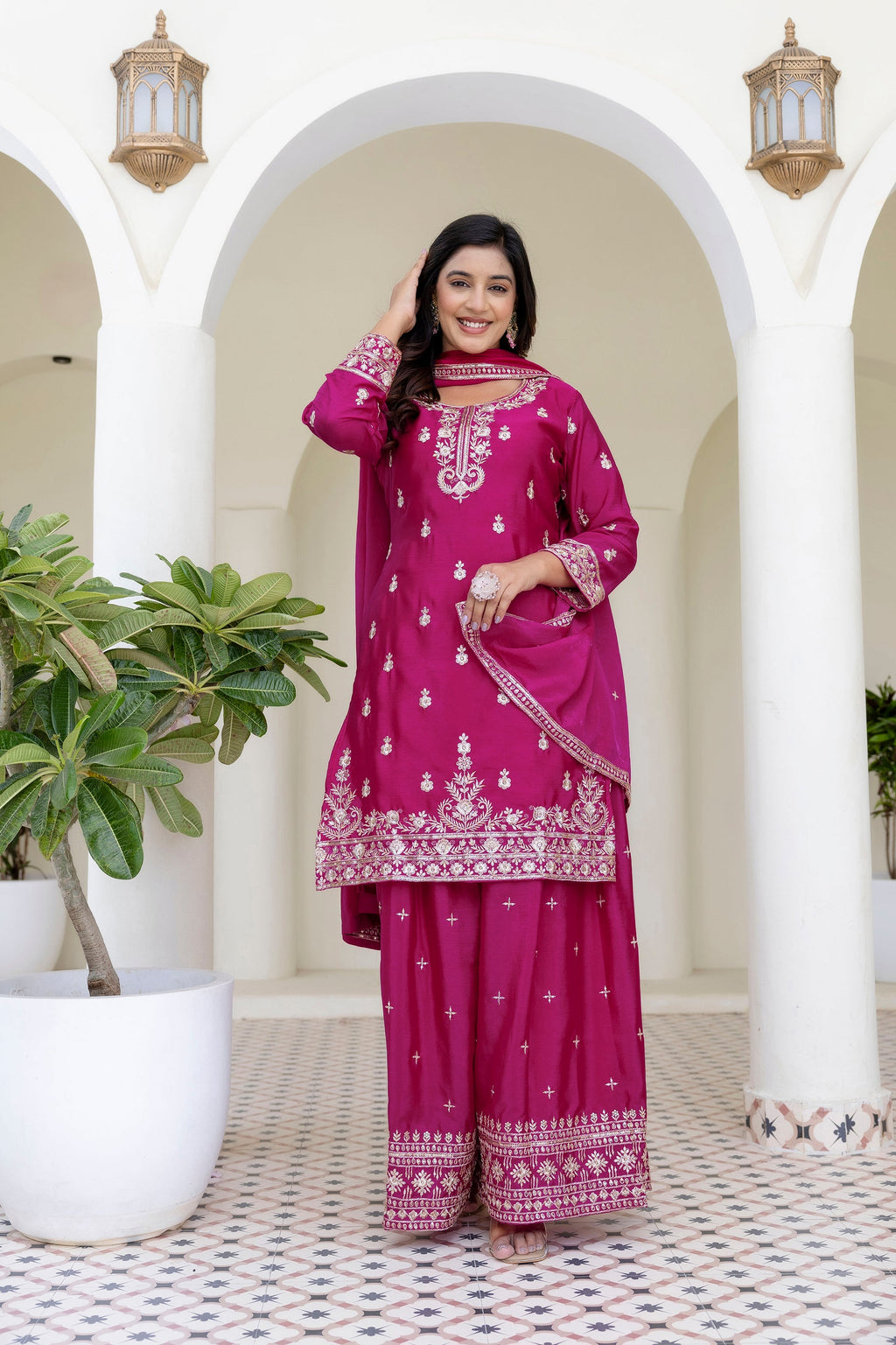 Lehenga Mart Designer Chinon Ready to wear Kurta Palazzo Dupatta for Women - Pink