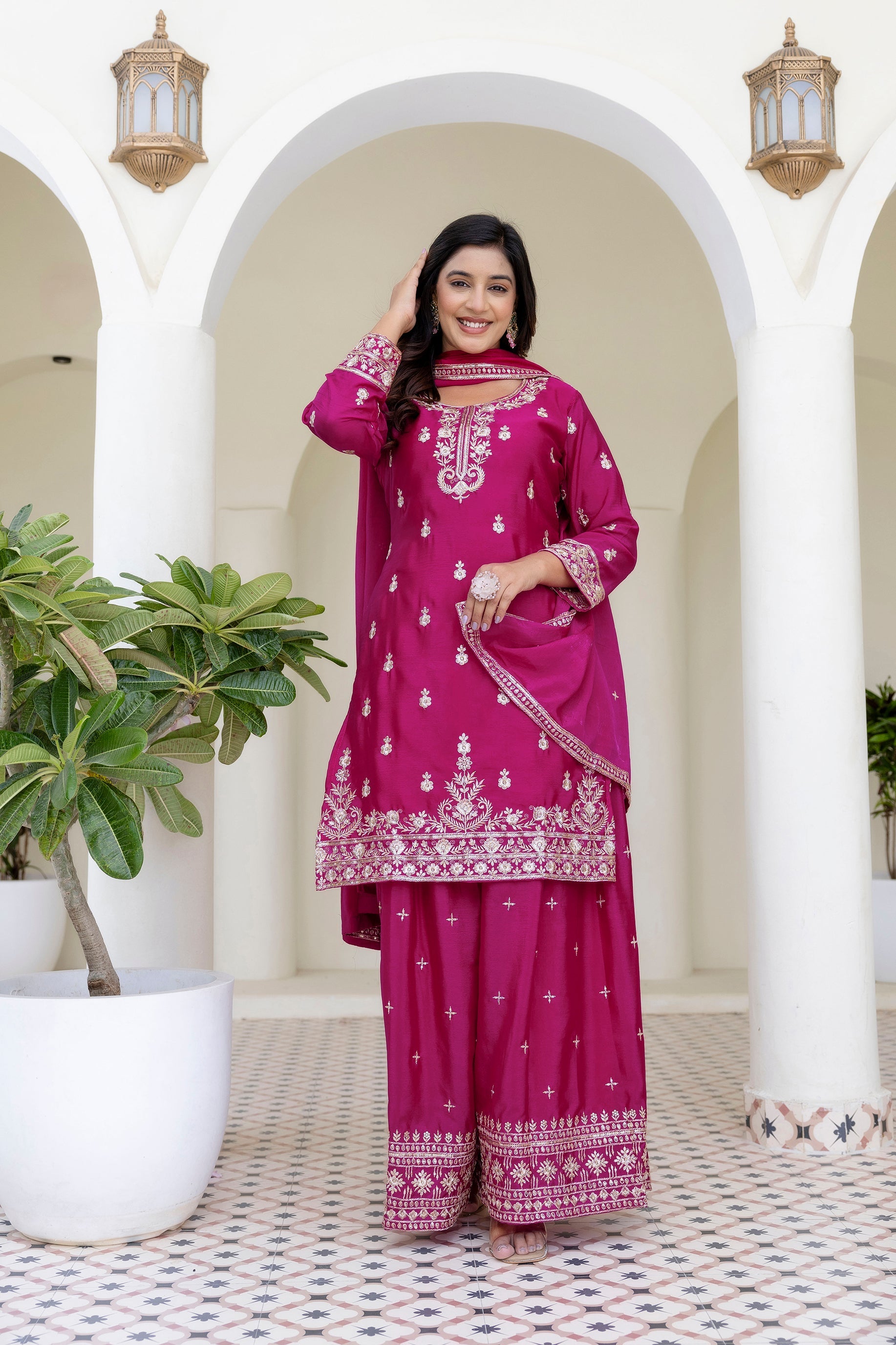 Lehenga Mart Designer Chinon Ready to wear Kurta Palazzo Dupatta for Women - Pink