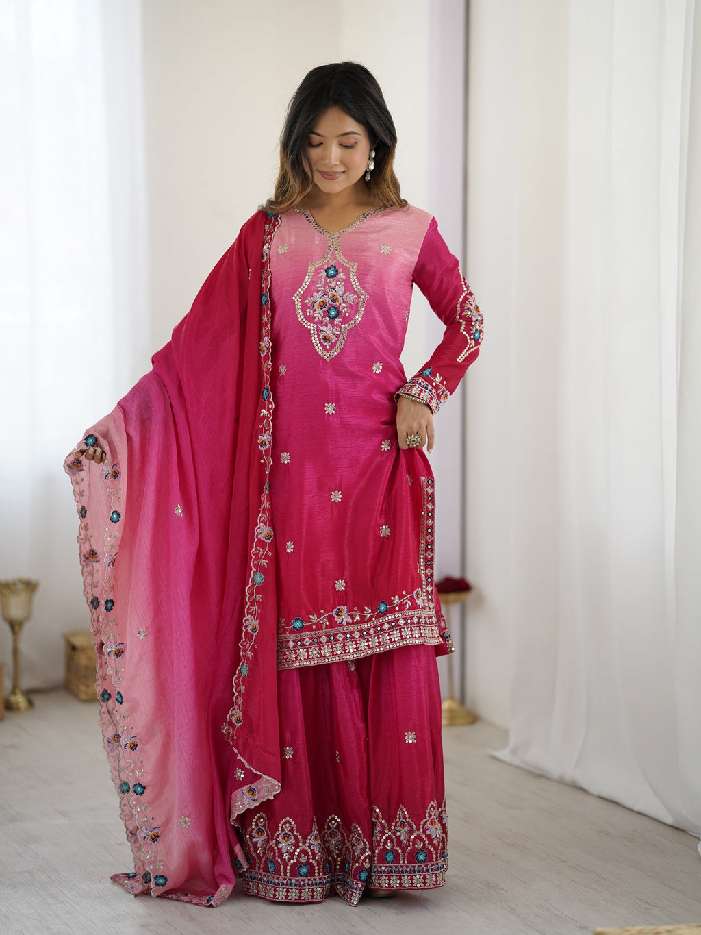 Lehenga Mart Designer Chinon Sharara Suit Dupatta for Women - pink - Distacart
