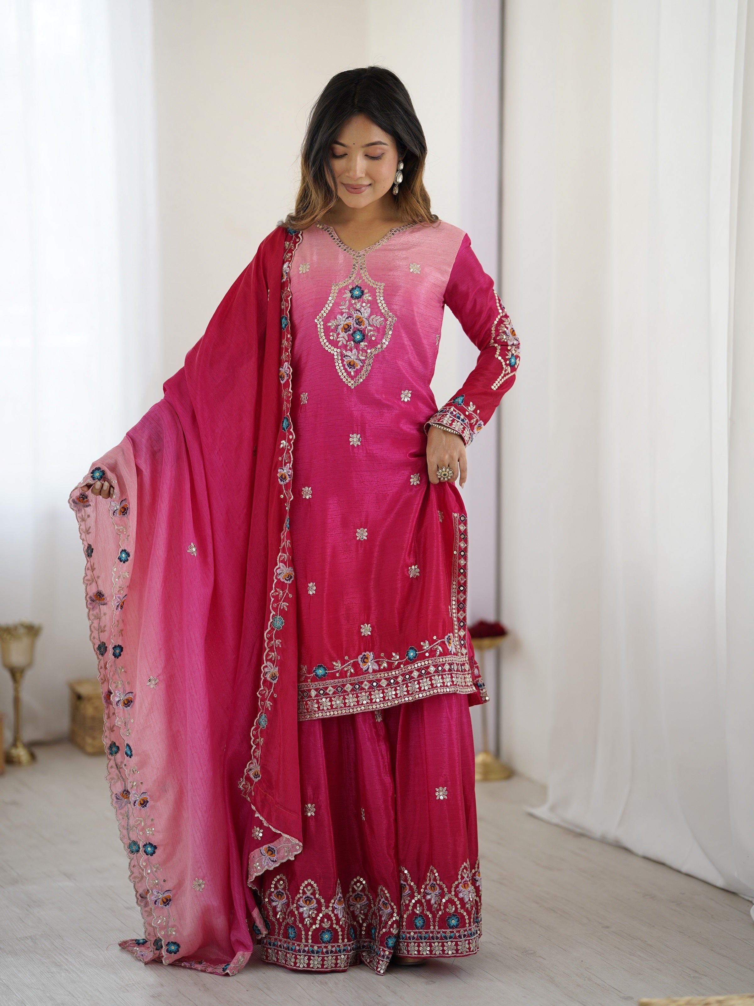 Lehenga Mart Designer Chinon Sharara Suit Dupatta for Women - pink - Distacart