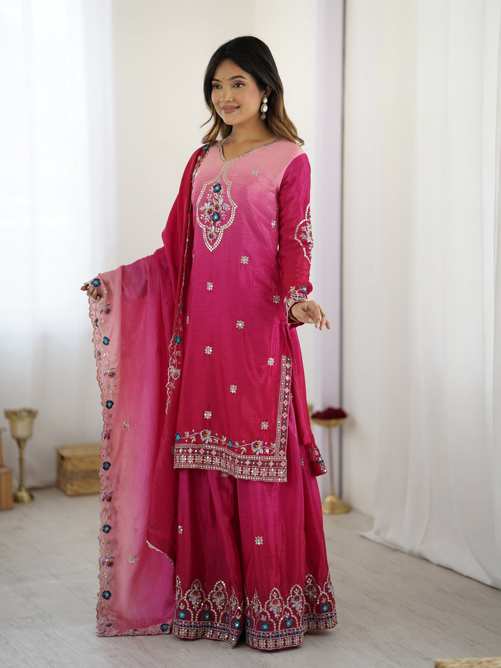 Lehenga Mart Designer Chinon Sharara Suit Dupatta for Women - pink - Distacart