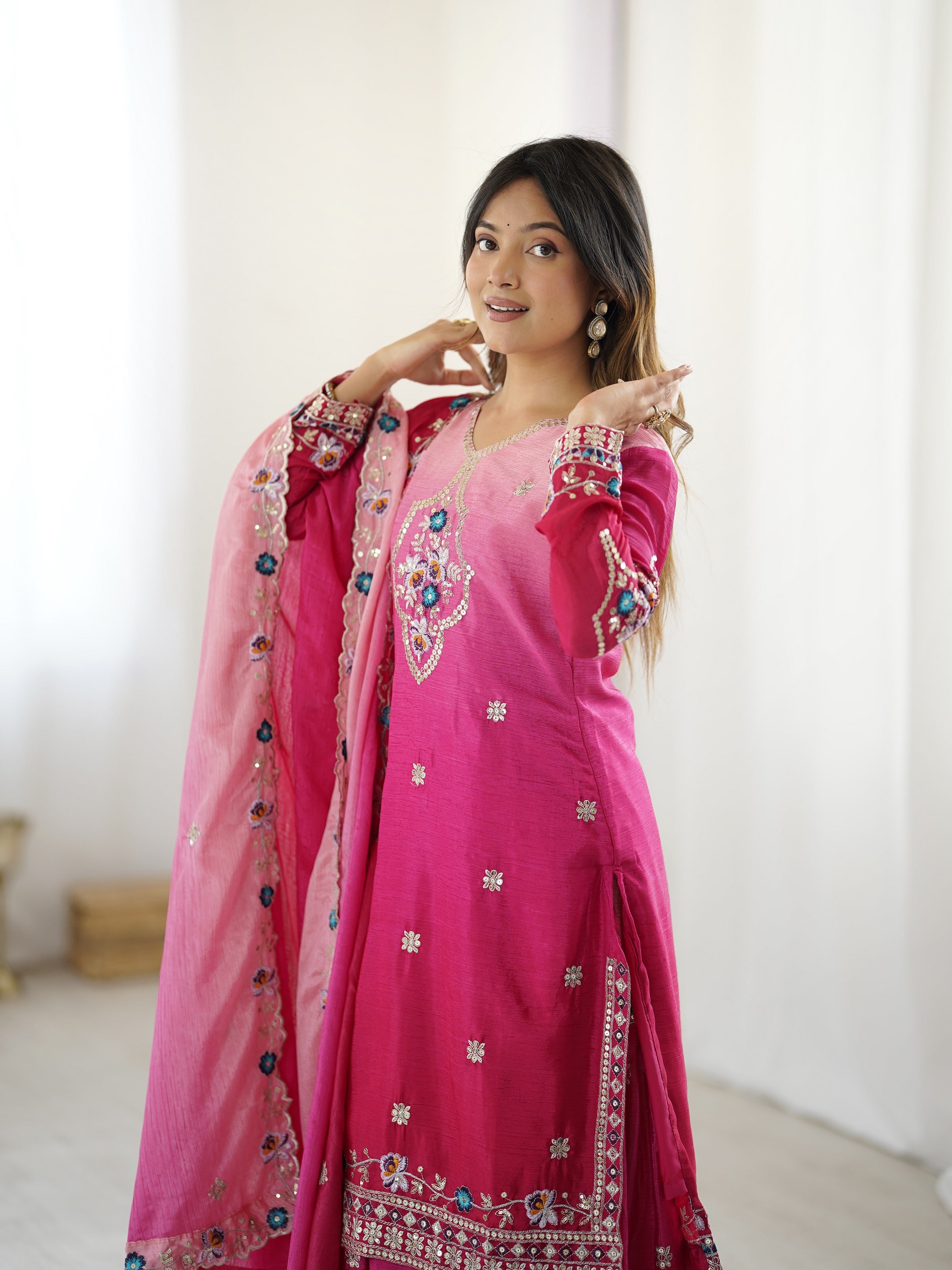 Lehenga Mart Designer Chinon Sharara Suit Dupatta for Women - pink - Distacart
