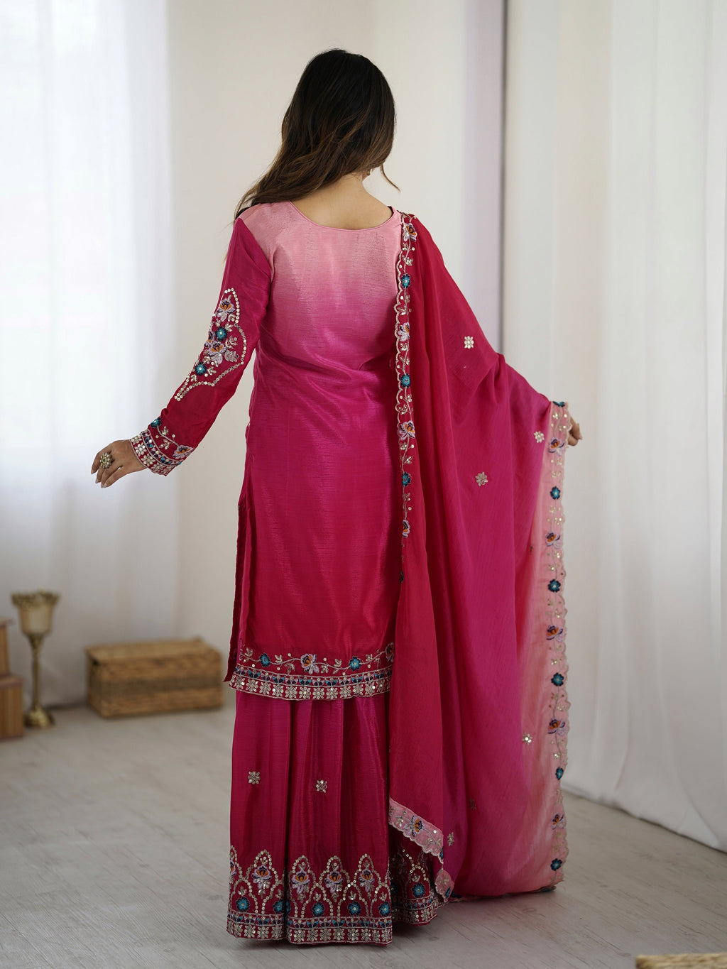 Lehenga Mart Designer Chinon Sharara Suit Dupatta for Women - pink - Distacart