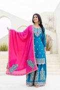 Lehenga Mart Designer Chinon Ready to wear Kurta Palazzo Dupatta for Women - Sky blue