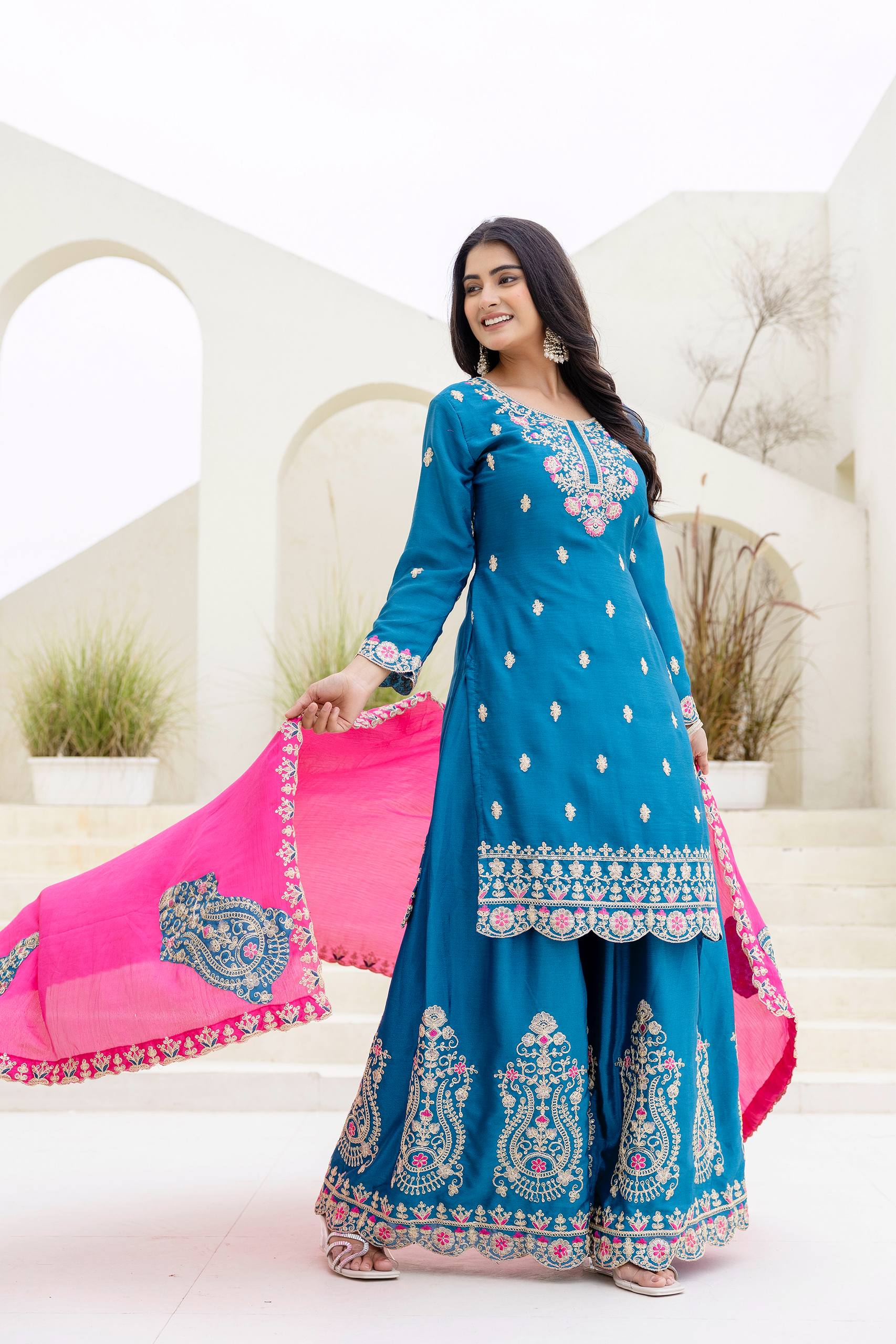 Lehenga Mart Designer Chinon Ready to wear Kurta Palazzo Dupatta for Women - Sky blue