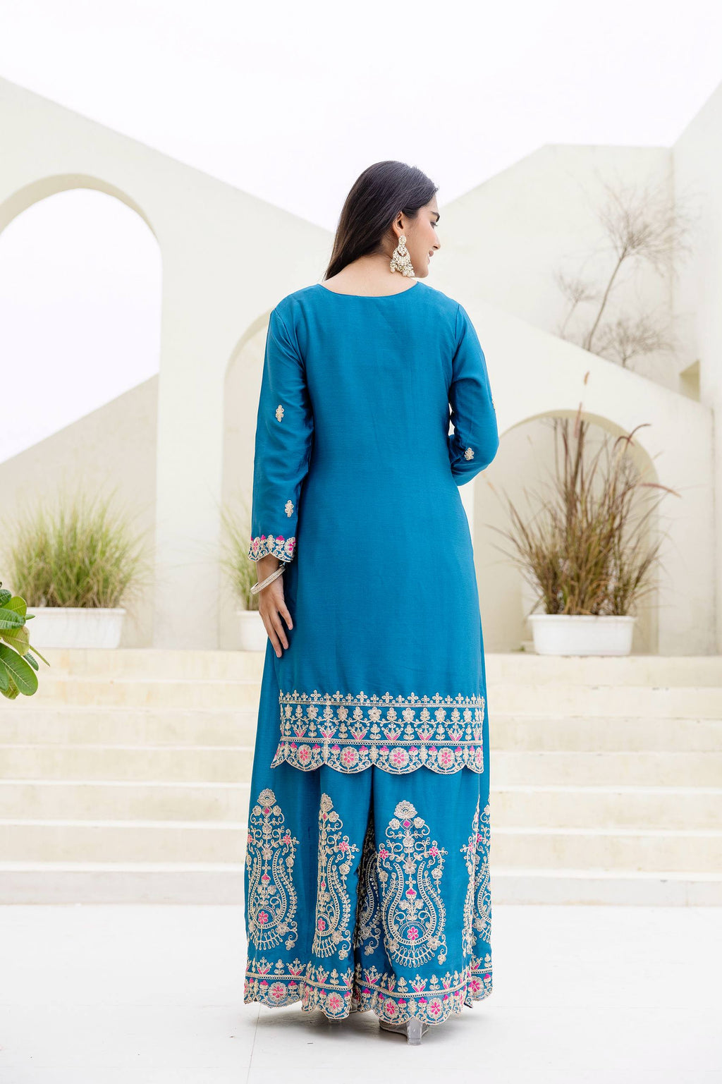 Lehenga Mart Designer Chinon Ready to wear Kurta Palazzo Dupatta for Women - Sky blue