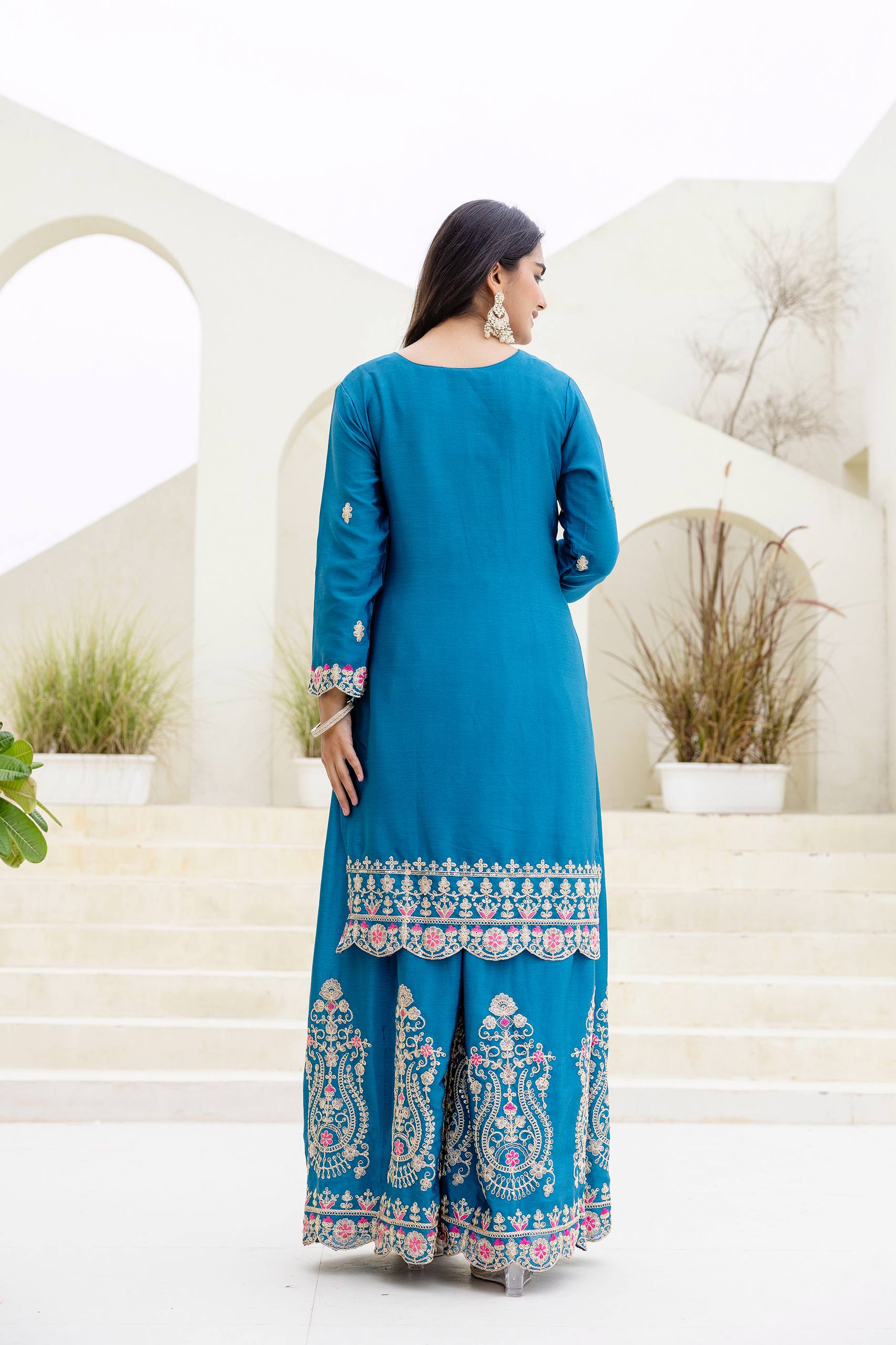 Lehenga Mart Designer Chinon Ready to wear Kurta Palazzo Dupatta for Women - Sky blue
