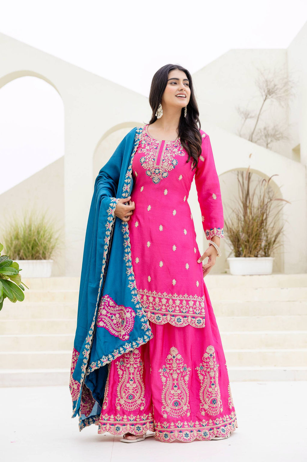 Lehenga Mart Designer Chinon Ready to wear Kurta Palazzo Dupatta for Women - Pink