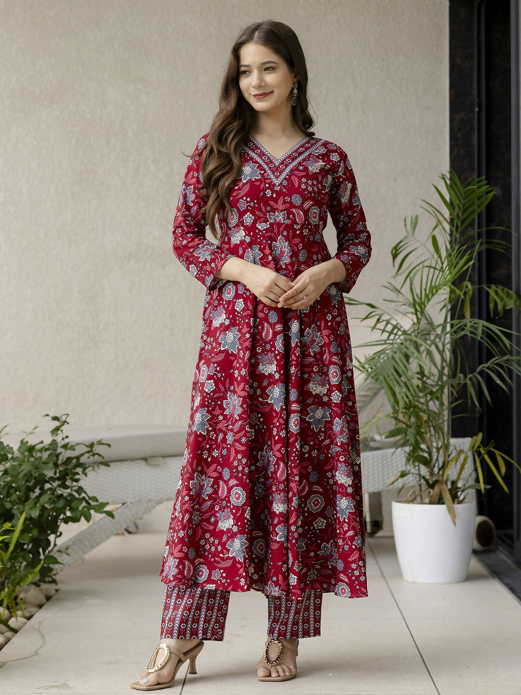 The52 Maroon Women's Gorgeous Rayon Fabric Printed Work Flared Kurta, Pant and Dupatta Set - Distacart