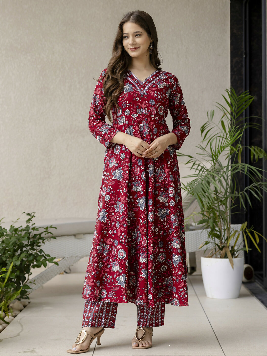 The52 Maroon Women's Gorgeous Rayon Fabric Printed Work Flared Kurta, Pant and Dupatta Set - Distacart