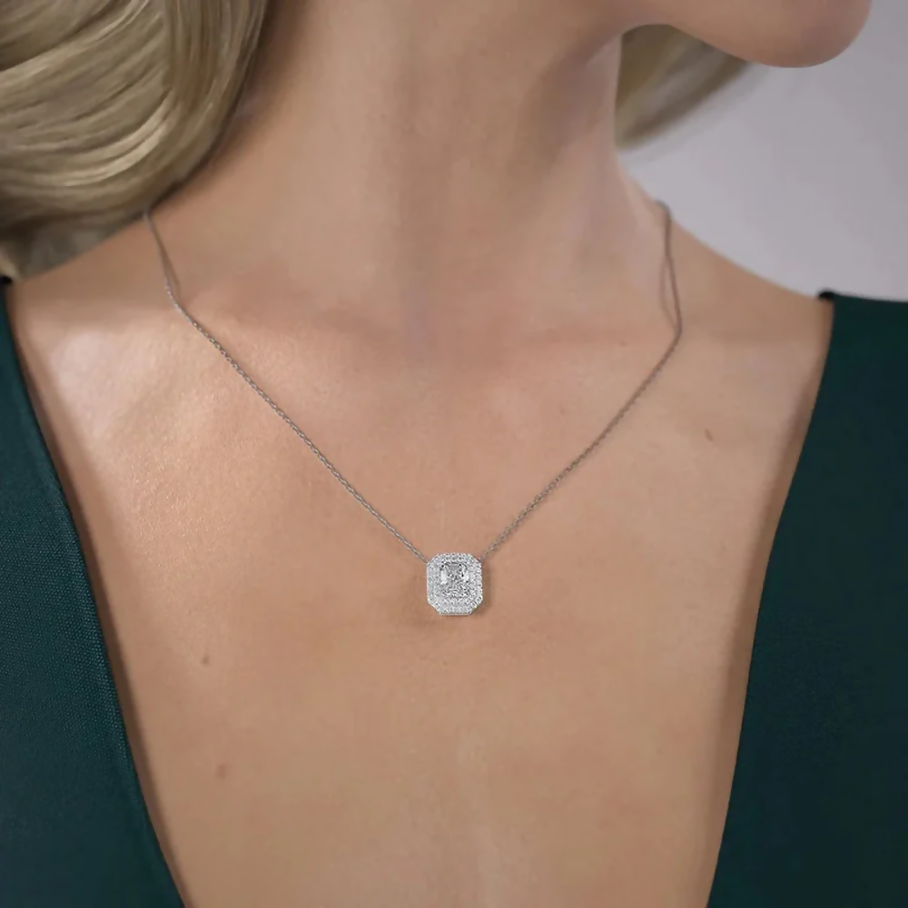 Cauer Elegant Radiant Moissanite Pendant Chain 14K Sterling Silver White Gold Plated - Distacart