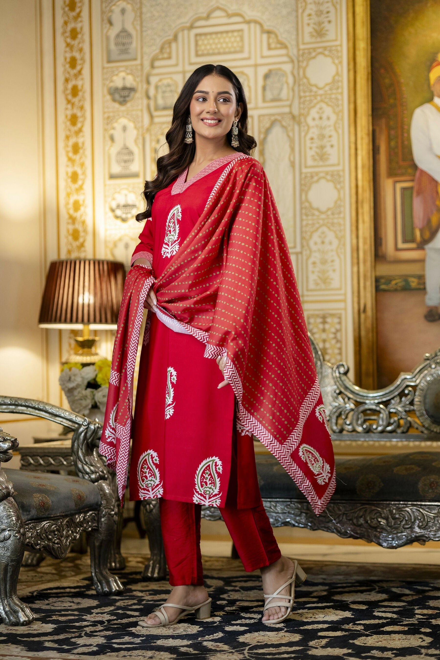 The52 Women's Beautiful Rayon Fabric Printed Work Straight Kurta Pant and Dupatta Set - Distacart