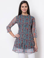 Myshka Women's Beautiful Organza Printed Printed 3/4 Sleeve Round Neck Casual Multicolor Tunic