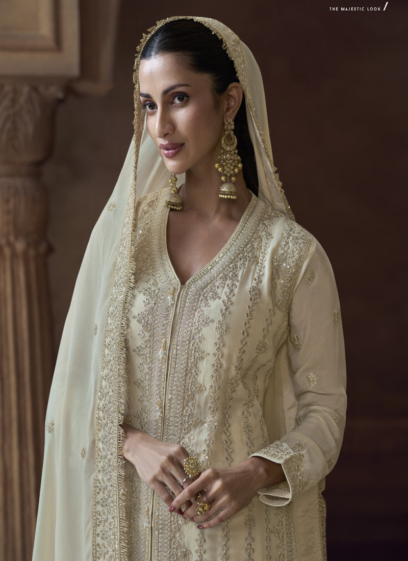 Vegaa Fashion Off White Chinon Silk Embroidered Designer Palazzo Suit