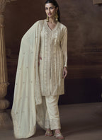 Vegaa Fashion Off White Chinon Silk Embroidered Designer Palazzo Suit