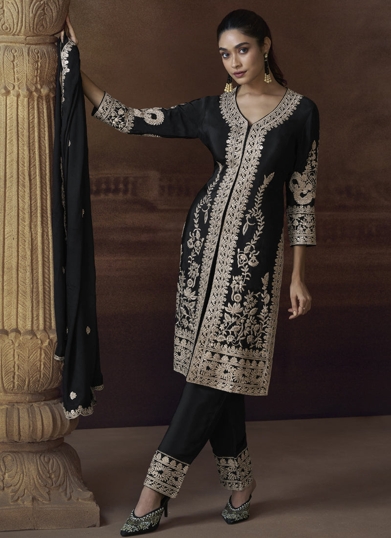Vegaa Fashion Black Chinon Silk Embroidered Designer Palazzo Suit - Distacart