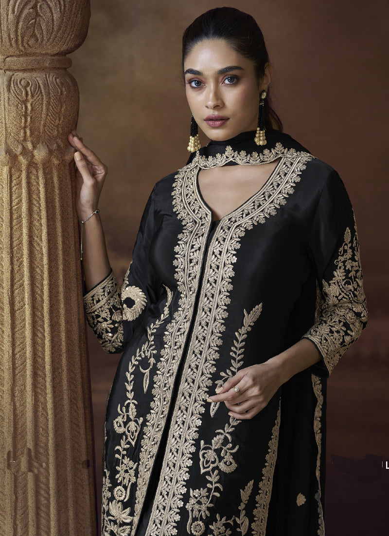 Vegaa Fashion Black Chinon Silk Embroidered Designer Palazzo Suit - Distacart