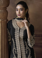 Vegaa Fashion Black Chinon Silk Embroidered Designer Palazzo Suit - Distacart