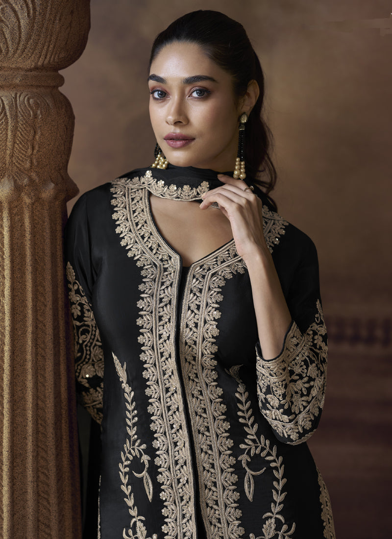 Vegaa Fashion Black Chinon Silk Embroidered Designer Palazzo Suit - Distacart