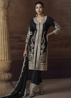 Vegaa Fashion Black Chinon Silk Embroidered Designer Palazzo Suit - Distacart