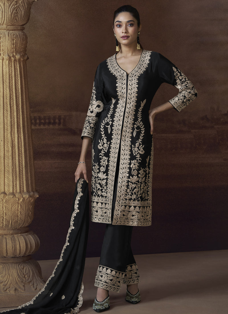 Vegaa Fashion Black Chinon Silk Embroidered Designer Palazzo Suit - Distacart