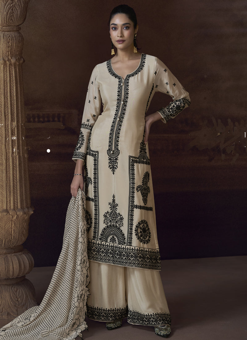 Vegaa Fashion Off White Chinon Silk Embroidered Designer Palazzo Suit - Distacart