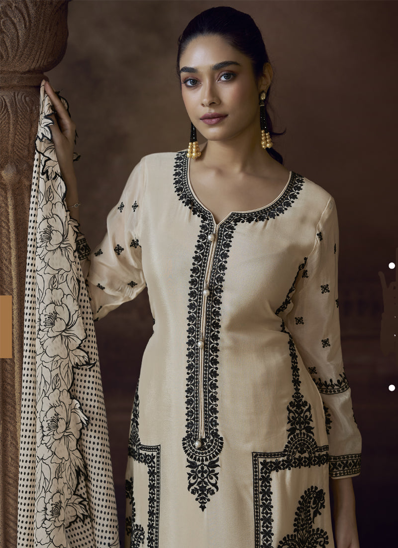 Vegaa Fashion Off White Chinon Silk Embroidered Designer Palazzo Suit - Distacart