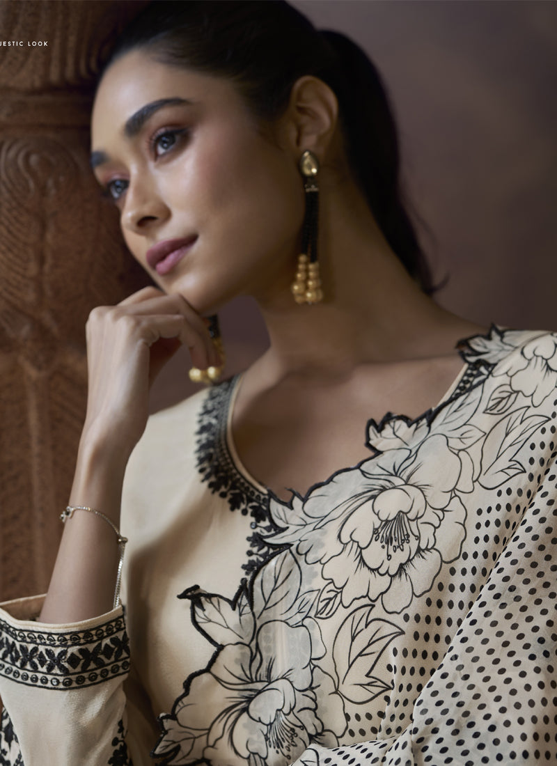 Vegaa Fashion Off White Chinon Silk Embroidered Designer Palazzo Suit - Distacart