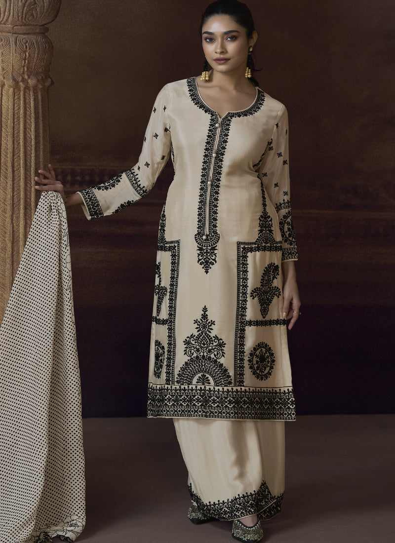 Vegaa Fashion Off White Chinon Silk Embroidered Designer Palazzo Suit - Distacart