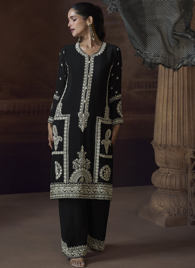 Vegaa Fashion Black Chinon Silk Embroidered Designer Palazzo Suit - Distacart