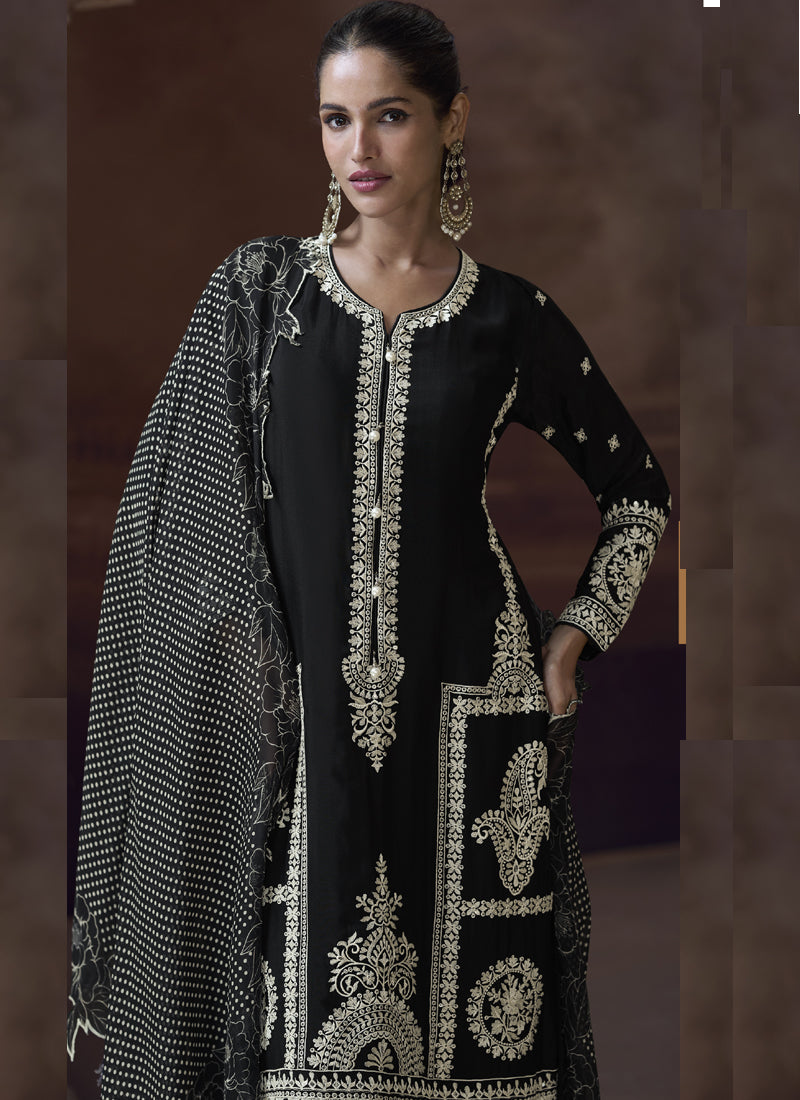 Vegaa Fashion Black Chinon Silk Embroidered Designer Palazzo Suit - Distacart